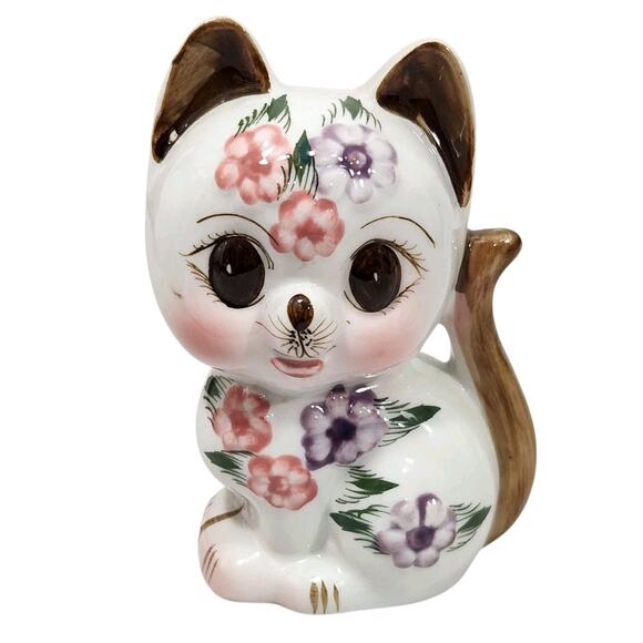 VTG 90s MINI CAT BANK BIG EYES ANIME ASIAN ORIENTAL GIRL DECOR ANTHROPOMORPHIC - Picture 1 of 6